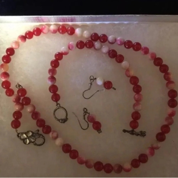 Bakelite Vintage 1940s Marbled Cherry/Vanilla Necklace Earrings Bracelet Set​ - Picture 1 of 5